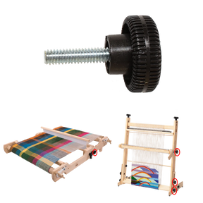 Three weaving loom machines are depicted in the image. One loom displays colorful woven fabric, and another has a partially completed artwork. Above the looms is a close-up of Schacht Spindle Co.'s Flip Loom Lock Knob, featuring a sturdy black knob with an attached metal screw, ideal for flip loom replacements.