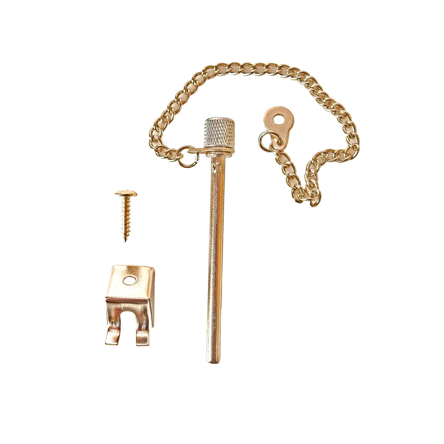 A door security chain lock set with a golden finish, featuring a chain, sliding bolt, screw, and U-shaped receiver plate. Perfectly designed for Schacht Spindle Co.'s Wolf/Standard Beater Pin Kit, the chain attaches to a cylindrical knob that slides into the receiver plate to secure doors.