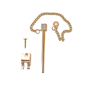 A door security chain lock set with a golden finish, featuring a chain, sliding bolt, screw, and U-shaped receiver plate. Perfectly designed for Schacht Spindle Co.'s Wolf/Standard Beater Pin Kit, the chain attaches to a cylindrical knob that slides into the receiver plate to secure doors.