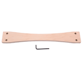 The Schacht Spindle Co. Cricket Stand Conversion Kit features a curved wooden beam with four bolt holes, two at each end. An L-shaped hex key tool is included below the beam. This kit appears to be designed for use in construction or assembly, possibly as part of furniture or structural support.