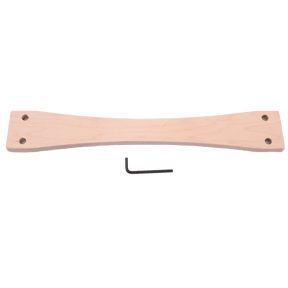 The Schacht Spindle Co. Cricket Stand Conversion Kit features a curved wooden beam with four bolt holes, two at each end. An L-shaped hex key tool is included below the beam. This kit appears to be designed for use in construction or assembly, possibly as part of furniture or structural support.