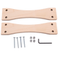 The Cricket Stand Conversion Kit by Schacht Spindle Co. includes two wooden pieces with symmetrical hourglass shapes, each featuring four holes. Additionally, the kit comes with four bolts, four nuts, four washers, and an L-shaped hex key. All items are displayed on a white background.