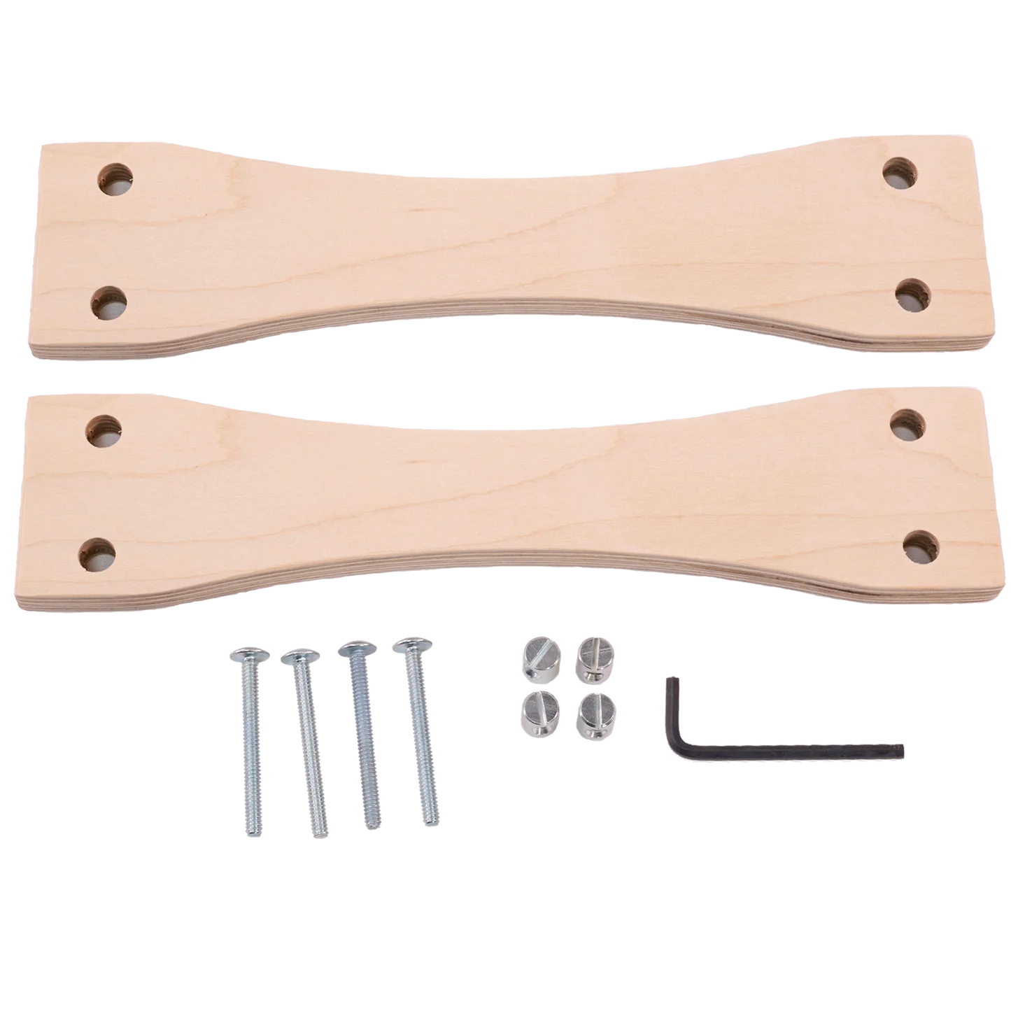 The Cricket Stand Conversion Kit by Schacht Spindle Co. includes two wooden pieces with symmetrical hourglass shapes, each featuring four holes. Additionally, the kit comes with four bolts, four nuts, four washers, and an L-shaped hex key. All items are displayed on a white background.