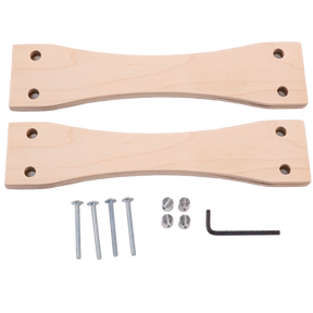 The Cricket Stand Conversion Kit by Schacht Spindle Co. includes two wooden pieces with symmetrical hourglass shapes, each featuring four holes. Additionally, the kit comes with four bolts, four nuts, four washers, and an L-shaped hex key. All items are displayed on a white background.