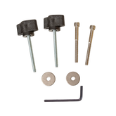 The image showcases the Schacht Spindle Co. Cricket Floor Stand Knob Kit, featuring hardware components laid out on a white background. Included are two black adjustable knobs with threaded bolts, two metal bolts, two metal washers, and a hex key (Allen wrench). Perfect for assembling or repairing your cricket floor stand or rigid heddle loom.