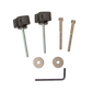 The image showcases the Schacht Spindle Co. Cricket Floor Stand Knob Kit, featuring hardware components laid out on a white background. Included are two black adjustable knobs with threaded bolts, two metal bolts, two metal washers, and a hex key (Allen wrench). Perfect for assembling or repairing your cricket floor stand or rigid heddle loom.