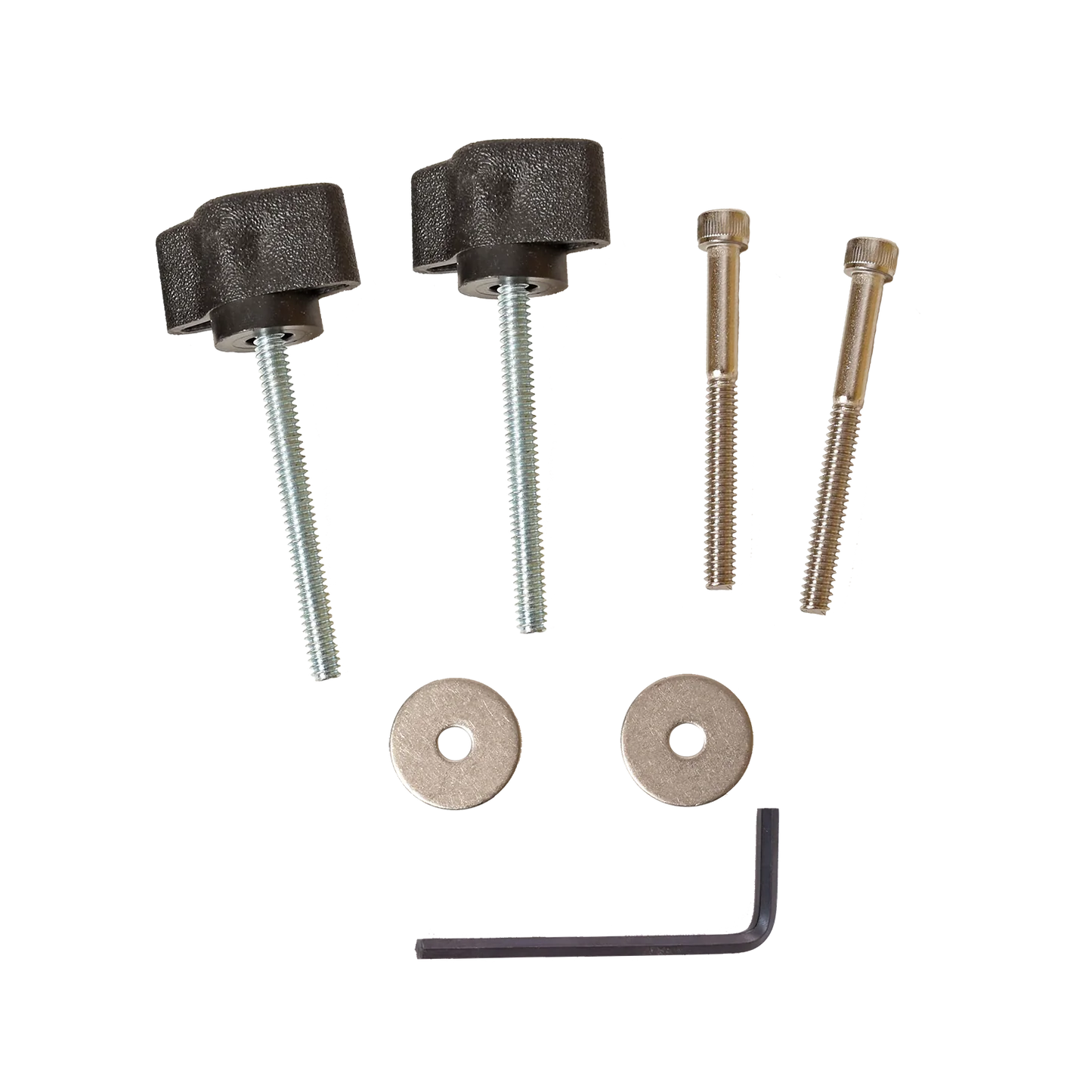 The image showcases the Schacht Spindle Co. Cricket Floor Stand Knob Kit, featuring hardware components laid out on a white background. Included are two black adjustable knobs with threaded bolts, two metal bolts, two metal washers, and a hex key (Allen wrench). Perfect for assembling or repairing your cricket floor stand or rigid heddle loom.