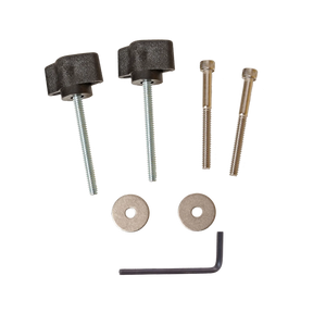 The image showcases the Schacht Spindle Co. Cricket Floor Stand Knob Kit, featuring hardware components laid out on a white background. Included are two black adjustable knobs with threaded bolts, two metal bolts, two metal washers, and a hex key (Allen wrench). Perfect for assembling or repairing your cricket floor stand or rigid heddle loom.