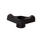 A Schacht Spindle Co. Flip Loom Fold T-Knob with a black, winged design and a textured surface. The knob features two extended curved arms for improved grip and has a central threaded hole for securing it onto bolts or equipment. This replacement T-knob is ideal for enhancing your loom accessory collection. The background is white.