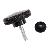 The Schacht Spindle Co. Schacht Wolf Loom Replacement Fold Knob Kit includes a black knob with a ridged edge, attached to a short metal threaded bolt, and paired with a matching round black nut.