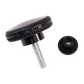 The Schacht Spindle Co. Schacht Wolf Loom Replacement Fold Knob Kit includes a black knob with a ridged edge, attached to a short metal threaded bolt, and paired with a matching round black nut.