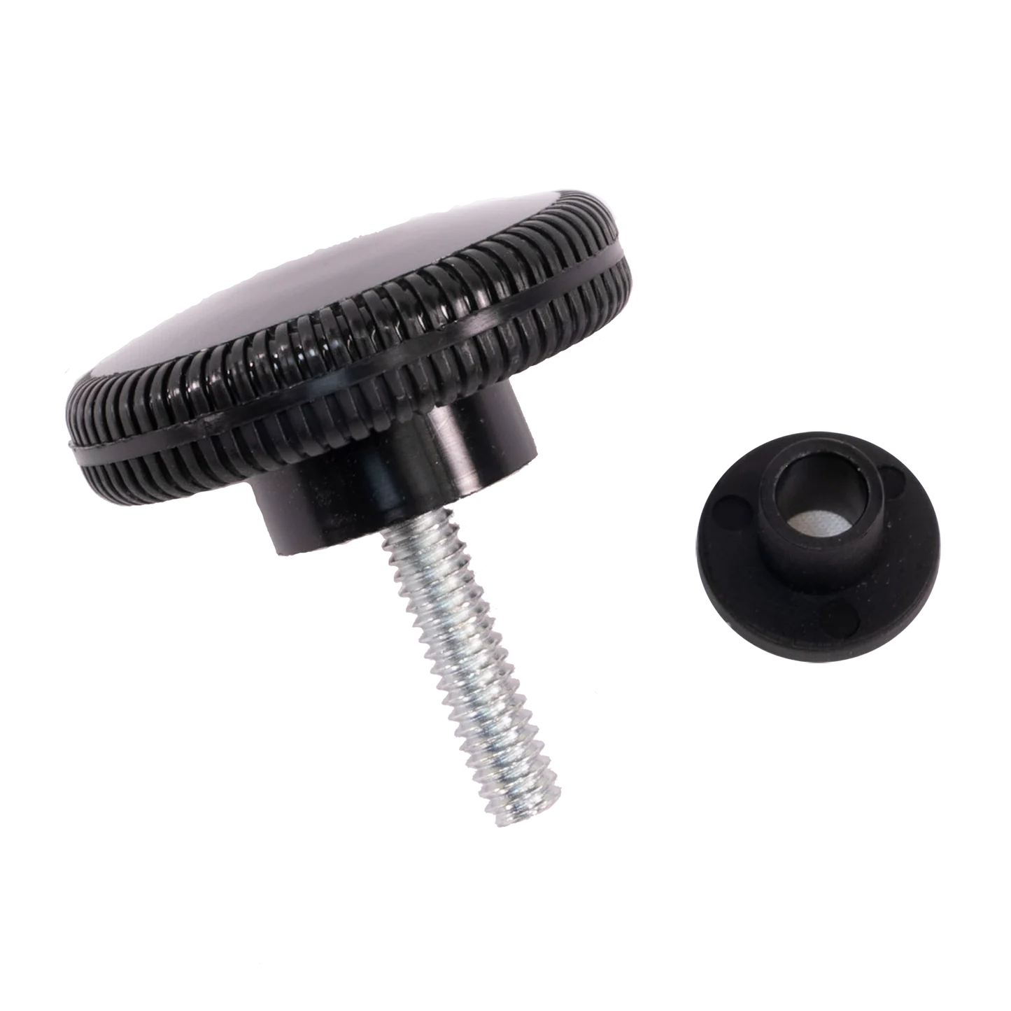 The Schacht Spindle Co. Schacht Wolf Loom Replacement Fold Knob Kit includes a black knob with a ridged edge, attached to a short metal threaded bolt, and paired with a matching round black nut.