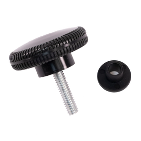 The Schacht Spindle Co. Schacht Wolf Loom Replacement Fold Knob Kit includes a black knob with a ridged edge, attached to a short metal threaded bolt, and paired with a matching round black nut.