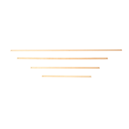 Five Schacht Lease Sticks, each crafted by the renowned Schacht Spindle Co., are arranged in descending order on a white background. The wooden lease sticks are aligned horizontally and evenly spaced from top to bottom, showcasing their beautiful craftsmanship.