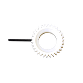 A white Table Loom & Rigid Heddle Ratchet Gear & Pin by Schacht Spindle Co. features sharp teeth attached to a black rod extending from one side. The replacement ratchet gear is positioned against a plain black background, emphasizing the gear's shape and details.