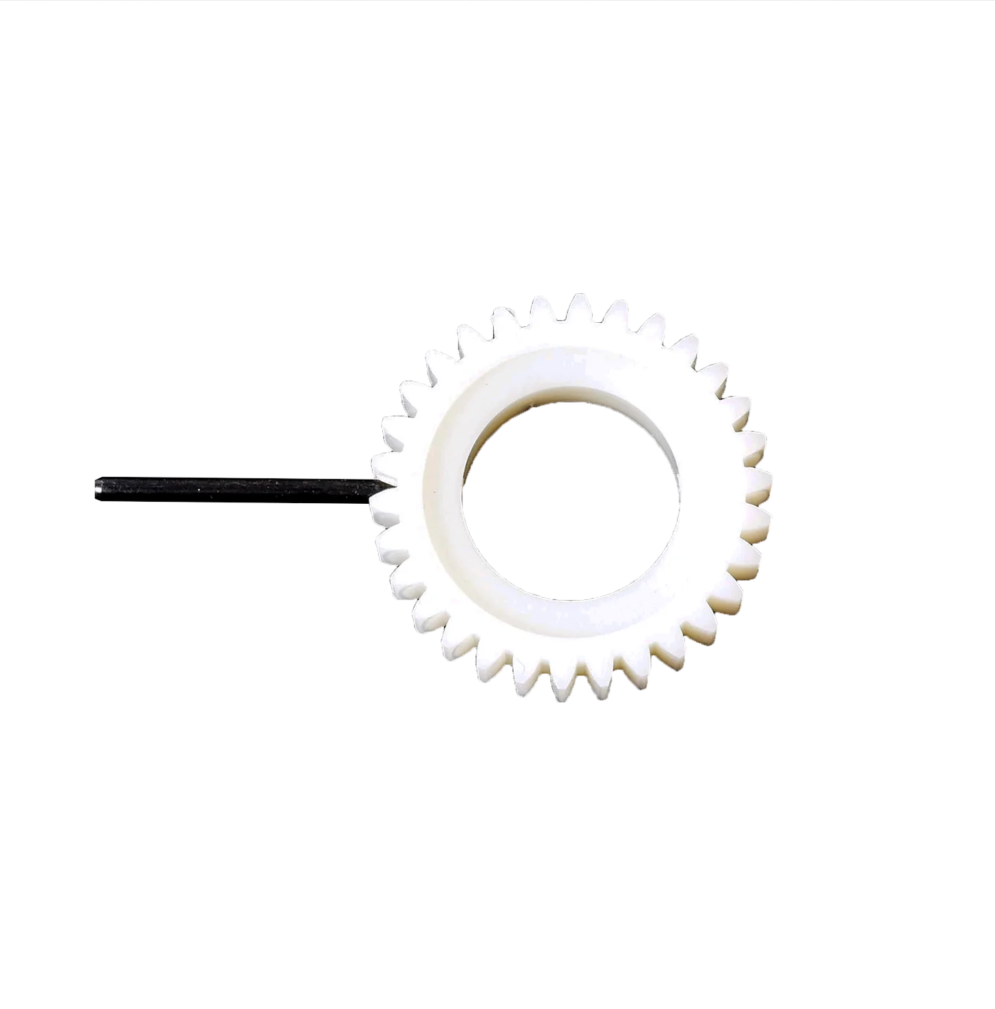 A white Table Loom & Rigid Heddle Ratchet Gear & Pin by Schacht Spindle Co. features sharp teeth attached to a black rod extending from one side. The replacement ratchet gear is positioned against a plain black background, emphasizing the gear's shape and details.