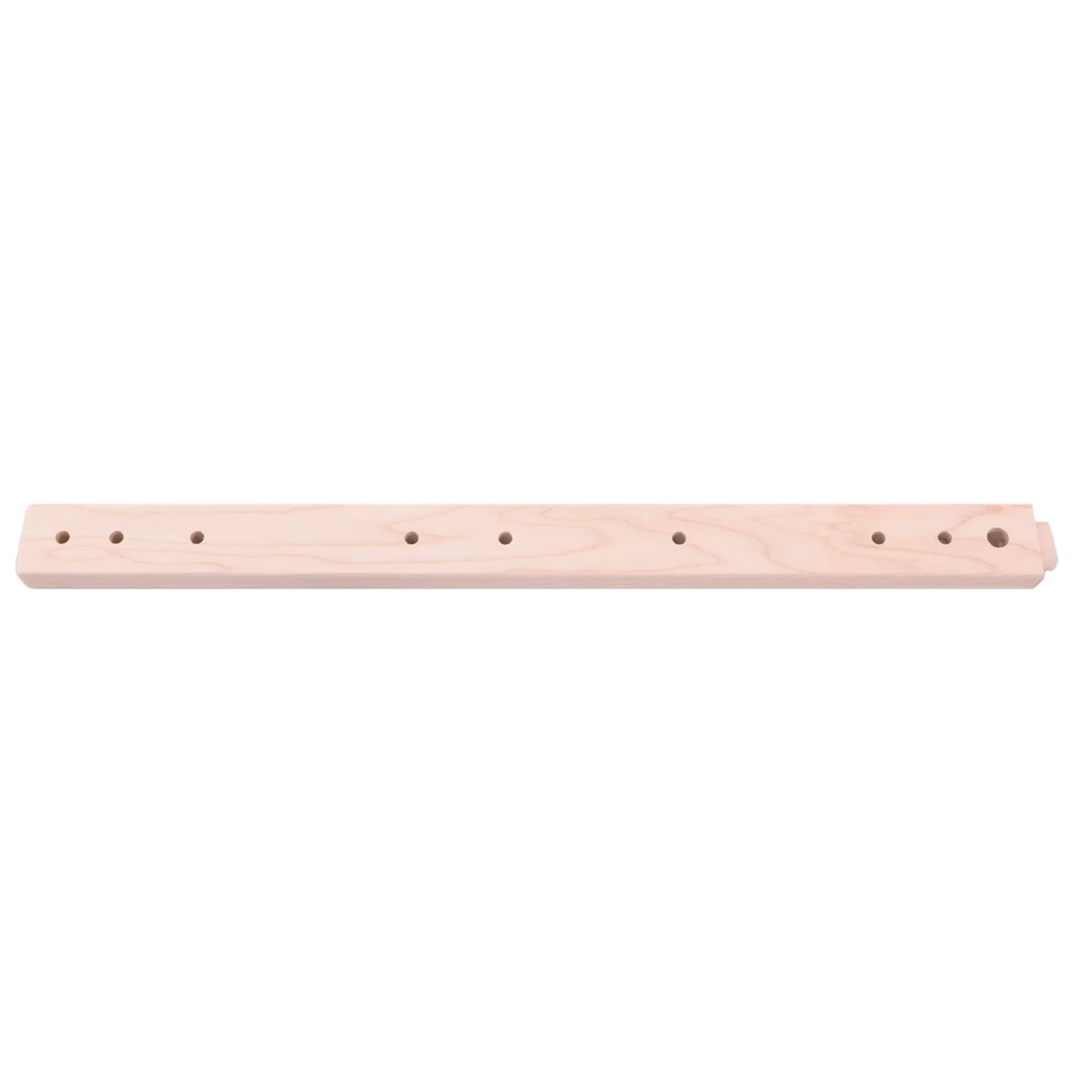 A wooden flute with a light natural finish, featuring several evenly spaced holes along its length for finger placements, is laid horizontally against a plain white background. The elegant simplicity of the flute's design evokes the craftsmanship found in traditional instruments similar to those made using the Schacht 30" Trestle Cross Brace for pre-2014 Rigid Heddle trestle stands by Schacht Spindle Co.