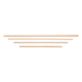 Four Schacht Flip Apron Bars from Schacht Spindle Co. are aligned horizontally against a plain white background. These cylindrical bars, intended as loom accessories for Schacht Flip Looms, are light brown in color, showcasing their smooth texture and uniform shape.