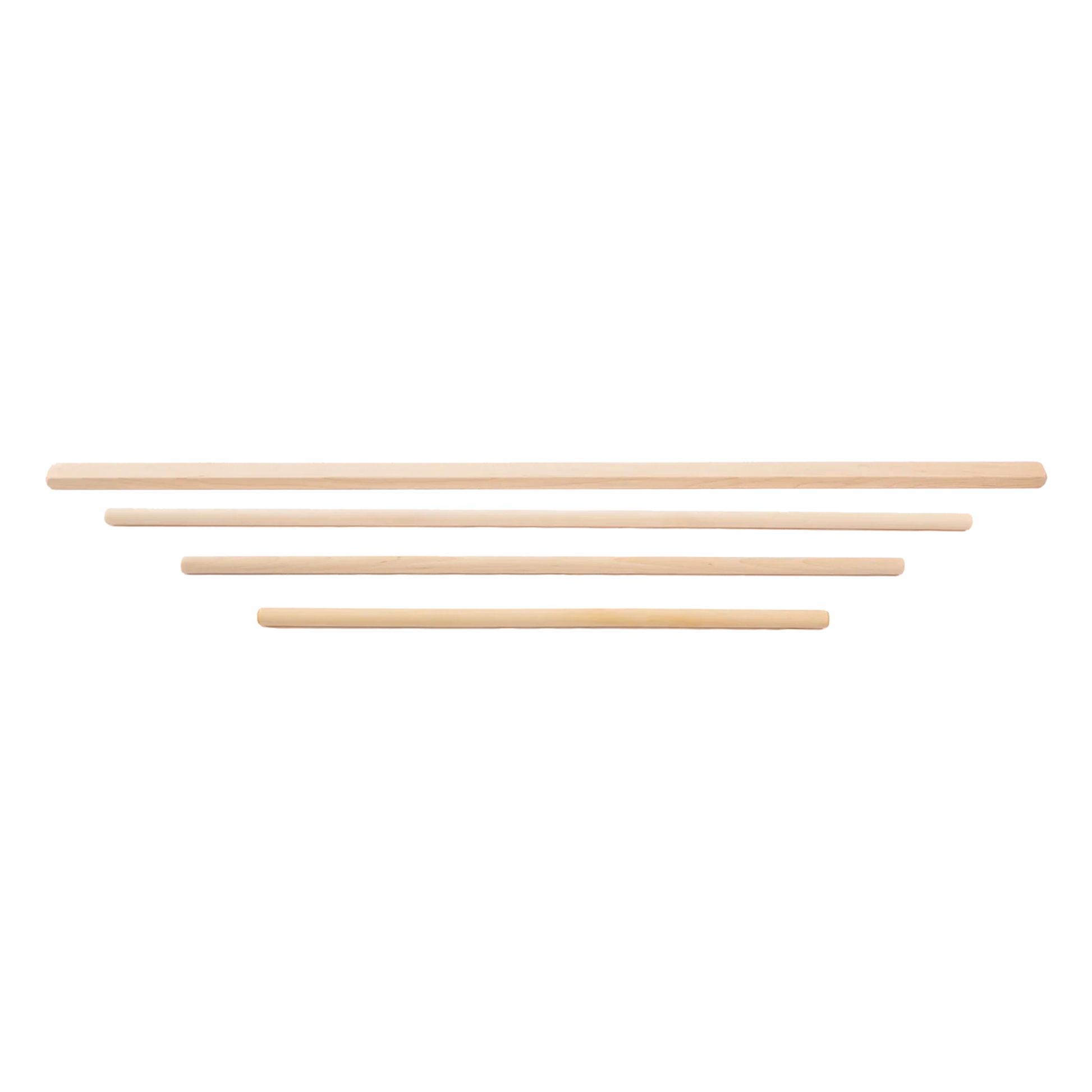 Four Schacht Flip Apron Bars from Schacht Spindle Co. are aligned horizontally against a plain white background. These cylindrical bars, intended as loom accessories for Schacht Flip Looms, are light brown in color, showcasing their smooth texture and uniform shape.