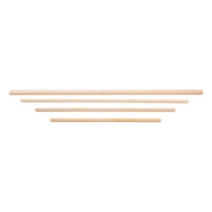 Four Schacht Flip Apron Bars from Schacht Spindle Co. are aligned horizontally against a plain white background. These cylindrical bars, intended as loom accessories for Schacht Flip Looms, are light brown in color, showcasing their smooth texture and uniform shape.