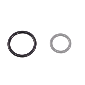 Image of two black O-rings against a white background. The O-rings are different sizes, with the one on the left being larger than the one on the right, similar to Variable Dent Reed Heddle Retainer Rings (4/pkg) by Schacht Spindle Co.