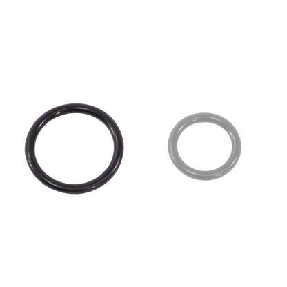 Image of two black O-rings against a white background. The O-rings are different sizes, with the one on the left being larger than the one on the right, similar to Variable Dent Reed Heddle Retainer Rings (4/pkg) by Schacht Spindle Co.