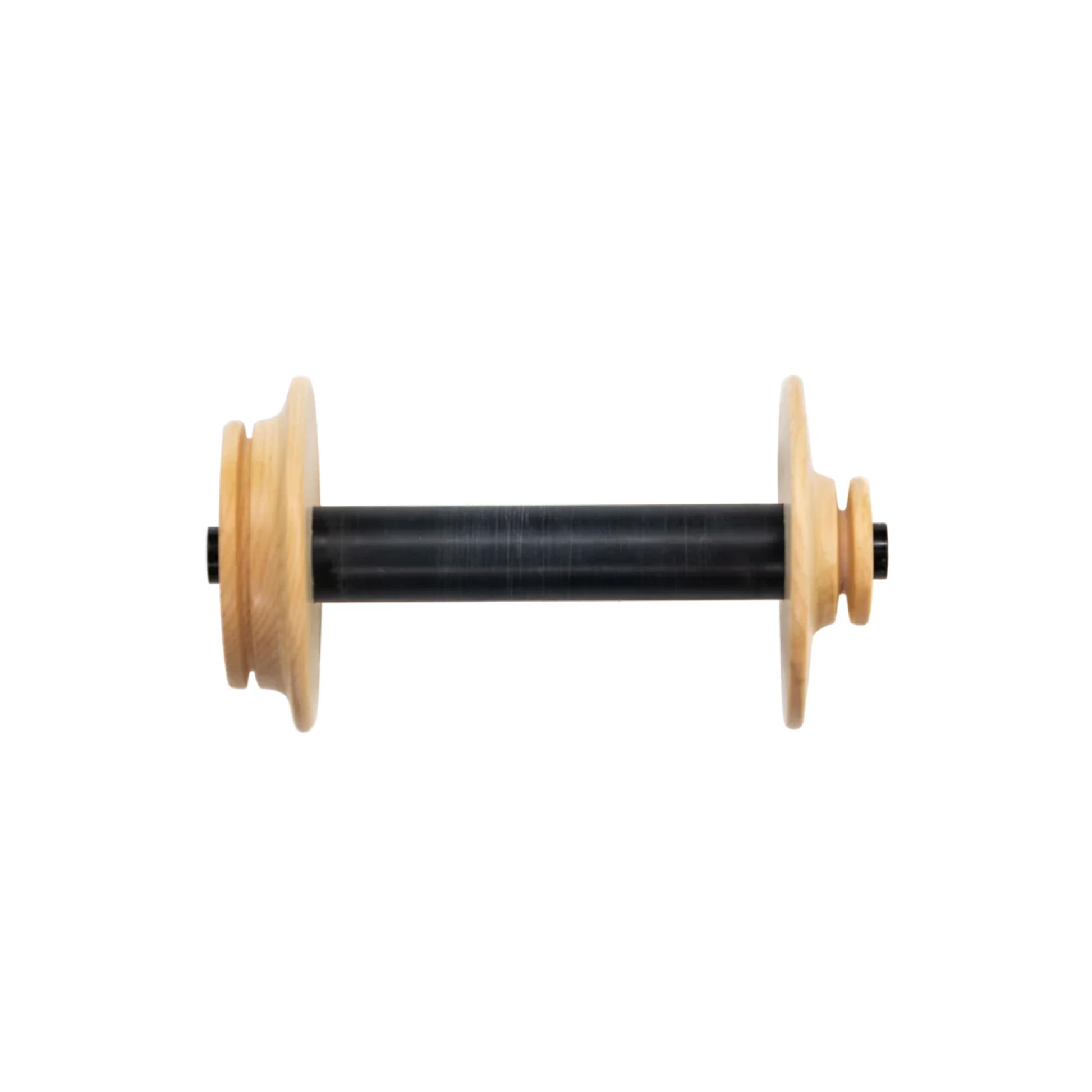 A Schacht Cherry High Speed Bobbin from Schacht Spindle Co., featuring a narrow, cylindrical black spindle with light wooden circular ends that have a slightly wider diameter, resembling a reel or bobbin. The object is centrally positioned against a clear background.