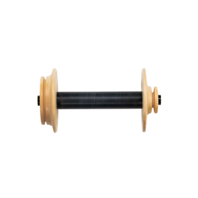 A Schacht Cherry High Speed Bobbin from Schacht Spindle Co., featuring a narrow, cylindrical black spindle with light wooden circular ends that have a slightly wider diameter, resembling a reel or bobbin. The object is centrally positioned against a clear background.