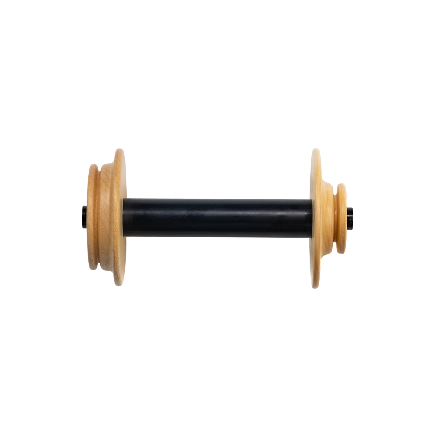 A Schacht Cherry Matchless Bobbin by Schacht Spindle Co. is standing vertically. It features two light brown wooden end disks positioned at both ends of the black, cylindrical center section. The middle section of the bobbin is a long, smooth black cylinder, and it all stands against a plain white background.