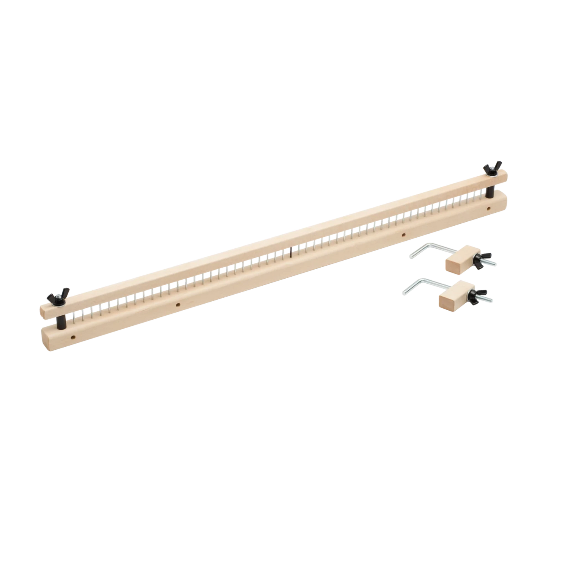 A Schacht Raddle for Standard Floor Looms by Schacht Spindle Co. is a long, narrow piece of wood with evenly spaced holes along its length, accompanied by two metal components with pins and handles, likely used for precise measurements or woodworking alignments.