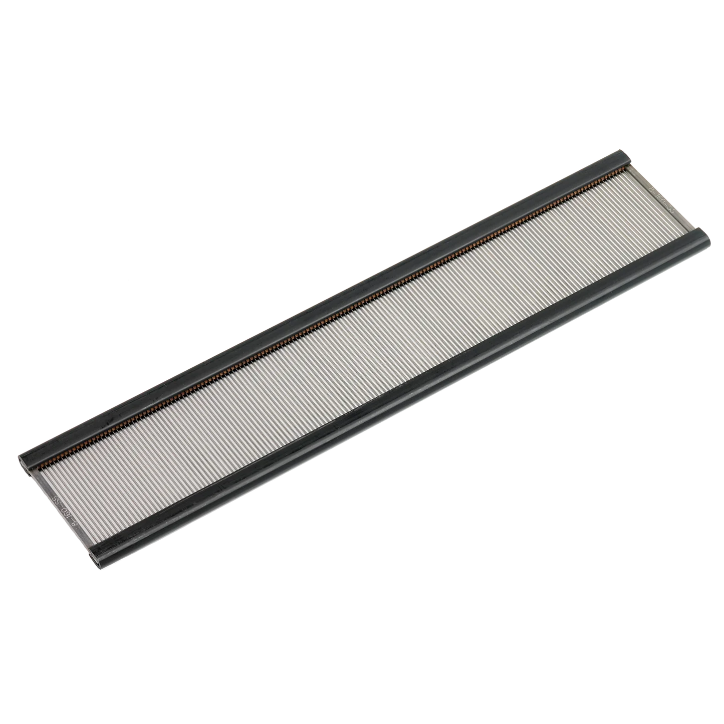 A black and silver rectangular air filter with pleated material and a slim frame is shown against a white background, reminiscent of the precision found in the 20 Dent stainless steel reed of the Schacht 18" Wolf Pup SS Reed by Schacht Spindle Co.