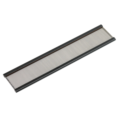 The Schacht 18" Wolf Pup SS Reed from Schacht Spindle Co. is a long, rectangular, silver and black metal item with parallel slots running lengthwise. This stainless steel reed features evenly spaced thin strips and is photographed against a white background.