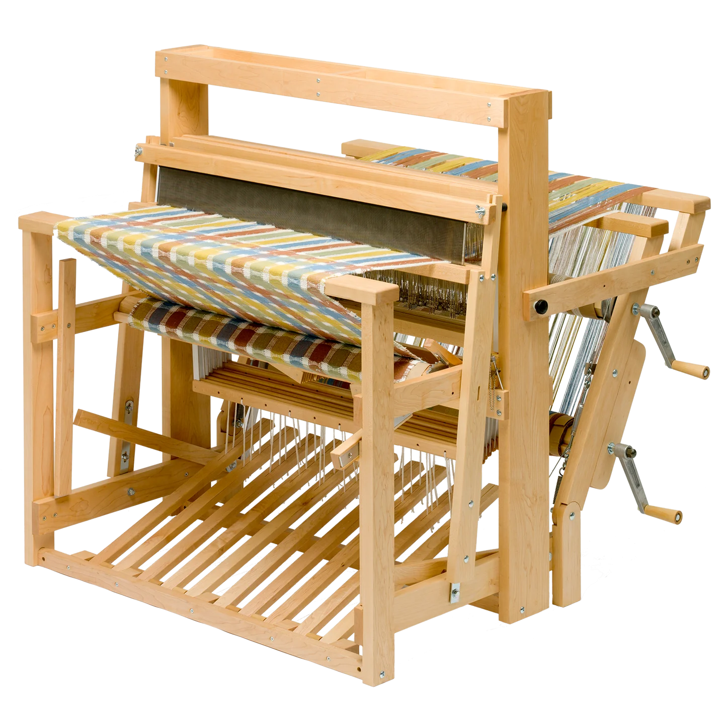 The Schacht Standard Floor Loom Double Back Beam by Schacht Spindle Co. features a partially woven, colorful fabric in progress with an array of vibrant shades. The loom’s detailed mechanics and framework, including the heddles, warp threads, and treadles, are clearly visible. A supplementary warp adds complexity to the piece set against a neutral background.