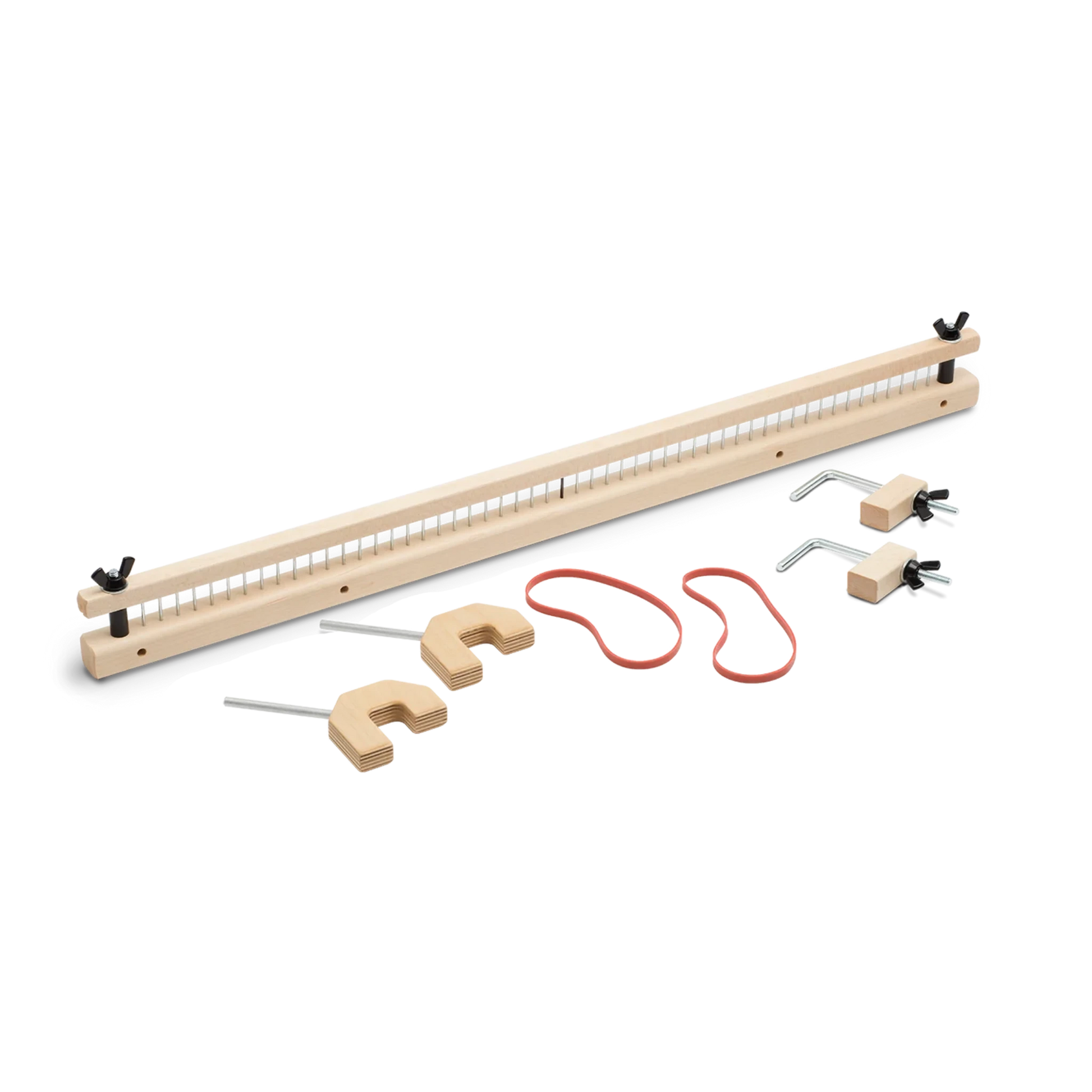 The Schacht Raddle for Wolf Looms by Schacht Spindle Co. includes a rectangular frame with evenly spaced pegs, three U-shaped hooks, a long red string, two metal hooks with wooden bases, and several wooden pieces for assembly, all beautifully arranged on a white surface.