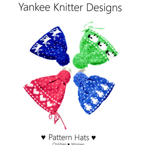 Four colorful knitted hats are displayed in a circle with pom-poms at the tops. The hats feature designs: blue with white deer, green with white sheep, red with white hearts, and blue with white whales. Above them is the text "Yankee Knitter Designs," and below it reads "Pattern Hats ♥ Children ♥ Women.