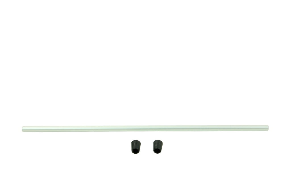 A Louët extra bar for Olivia Lazy Kate - S80 by Louët Inc. is positioned horizontally above two small black rubber stoppers, aligned side by side on a white background, in an orderly arrangement.