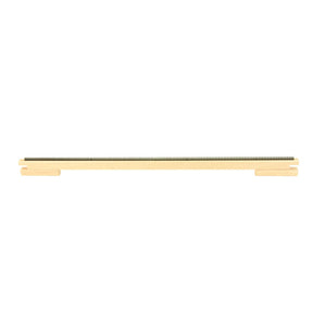 A long, thin, gold-colored metal rod from Louët Inc., designed with evenly spaced notches along its entire length and featuring rectangular extensions at both ends, appears to be a linear gear rack used in mechanical systems, likely intended as the Louët Raddle for Magic Dobby to facilitate easier warping.