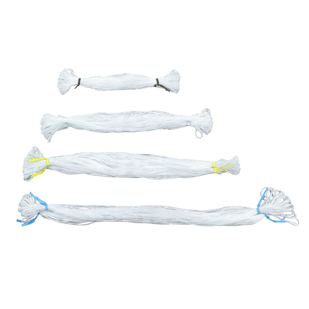 Four bundles of white nylon rope of varying lengths are arranged horizontally. Each bundle is tied with colored strings: black on the smallest, yellow on the second smallest, blue on the second largest, and blue and yellow on the largest—ideal for projects using Louët Spring Loom Extra Treadles from Louët Inc.