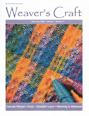 Cover of Plain Tabby Press's Weaver's Craft Issue 3: From Canvas Weave to Huck and Swedish Lace. The image showcases a close-up of colorful woven fabric with intricate patterns in orange, blue, purple, and yellow. In the lower right corner, hands are shown meticulously crafting woven laces with yarn and weaving tools.