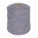 A large spool of Bartlettyarns' Bartlett Maine Wool, Sport Weight Cones in gray with blue and purple hints sits on a white background. Its textured, homespun appearance makes it perfect for knitting or crocheting projects.