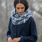 A person wearing a dark blue coat and an Aurora Infinity Cowl from the Blue Sky Fibers Knitting Kit gazes downward. The background is a blurred outdoor setting, possibly in a park or wooded area.