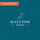 The Halcyon Yarn Digital Gift Card features an abstract background with an orange banner at the top left that reads "Digital Gift Card." At the center, it displays "Halcyon Yarn, Maine, Est. 1971," accompanied by a simple bird logo above. This gift card is the ideal present for any fiber enthusiast.