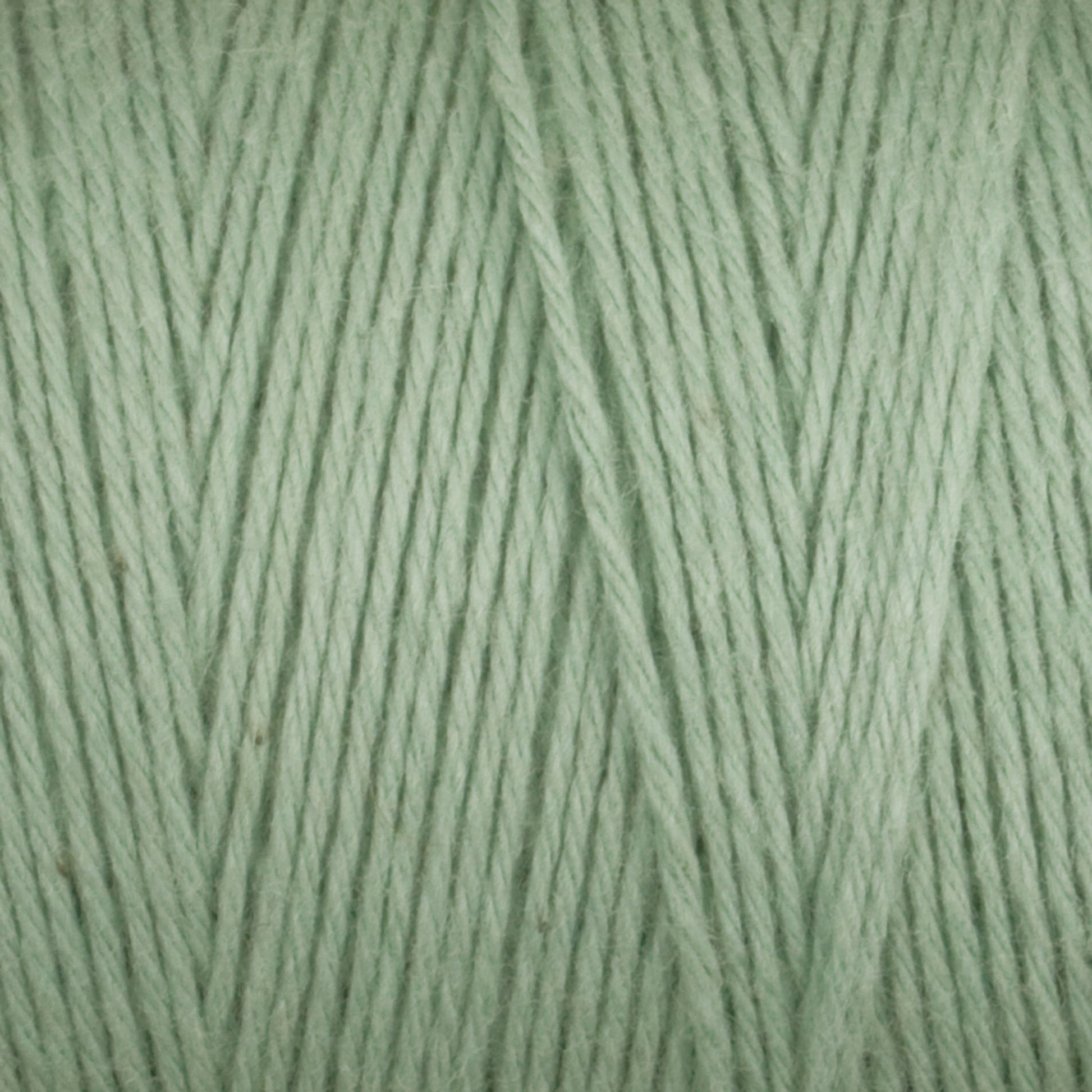 Close-up of Cotton Carpet Warp 8/4, featuring light green cotton yarn with tightly wound fibers. The texture is soft and smooth, revealing individual strands that highlight its thickness and vibrant, colorfast hue—perfect for crafting colorful rag rugs.