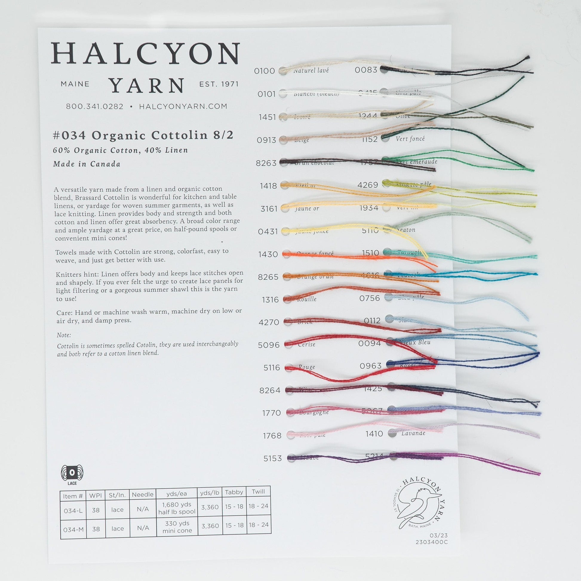 The Cottolin 8/2 Sample Card by Halcyon Yarn showcases various colors of organic cotton and fine linen threads, each labeled with a color ID and details on fiber content and length, ideal for lace knitting projects.