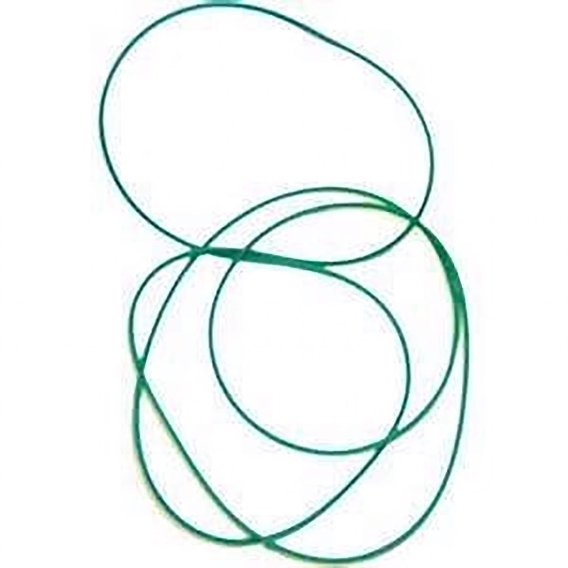 The Majacraft Drive Band by Majacraft Co., a green, continuous rubber band perfect for replacing drive bands on Majacraft spinning wheels, is slightly twisted and looped into several overlapping and intersecting loops, laying flat against a white background.