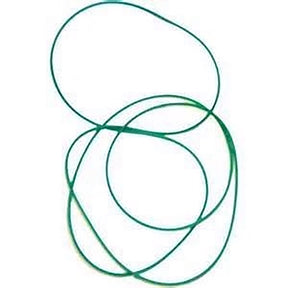 The Majacraft Drive Band by Majacraft Co., a green, continuous rubber band perfect for replacing drive bands on Majacraft spinning wheels, is slightly twisted and looped into several overlapping and intersecting loops, laying flat against a white background.