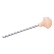 An image of a percussion mallet featuring a metal handle and a pink, dome-shaped rubber head. The mallet is specifically designed for use with marimbas and vibraphones, delivering a precise tone when striking the instrument's bars. Its precision is akin to that of the Schacht Spindle Co.'s Matchless Drive Band Tension Knob.