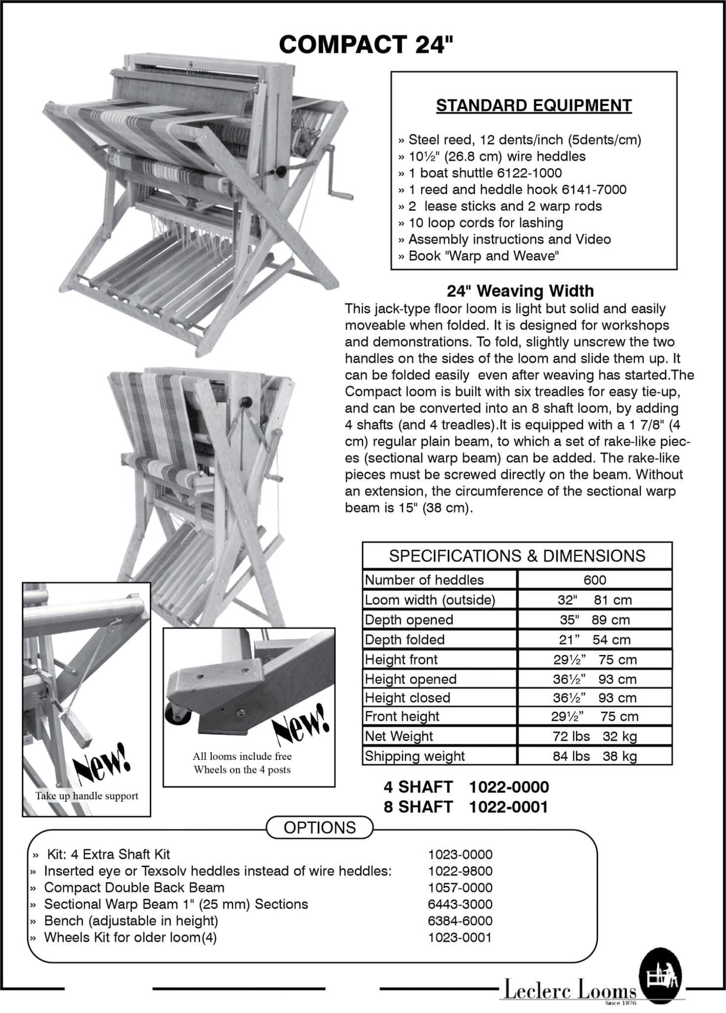 Leclerc Looms Replacement Parts, Conversions & Add-Ons Leclerc Extra 4-shaft add on kit for 4 shaft Compact 24" Loom