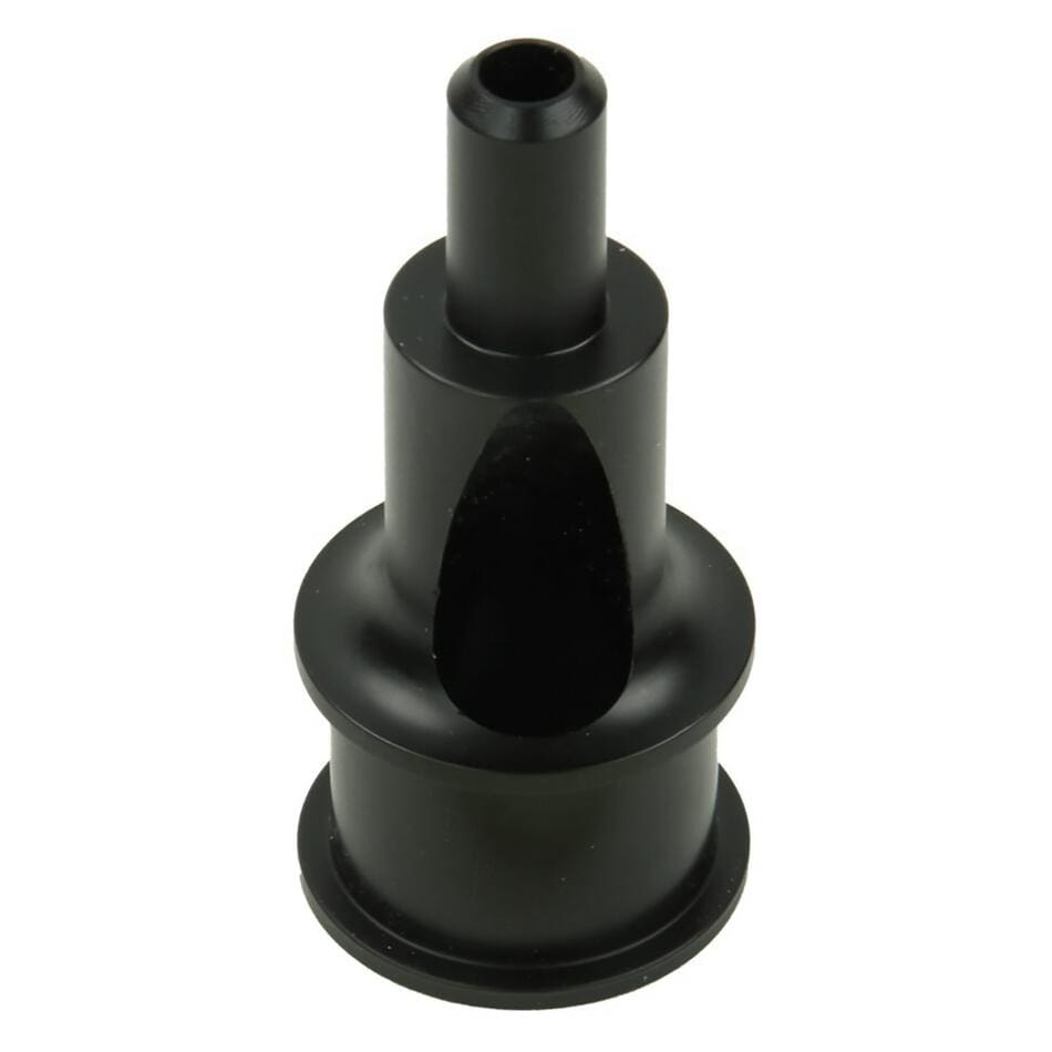 The Louët Irish Tension Replacement Orifices by Louet Inc. is a cylindrical, black metal adapter with a grooved wide base and narrower top, designed for Louët spinning wheels. It’s displayed vertically against a white background.