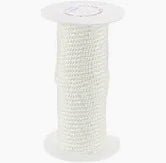 A spool of Texsolv Loopcord, manufactured by Glimakra, is vertically positioned against a plain white background. The neatly wound white braided rope has flat circular ends. The texture features a consistent woven pattern, perfectly suited for harness/shaft tie-up tasks.